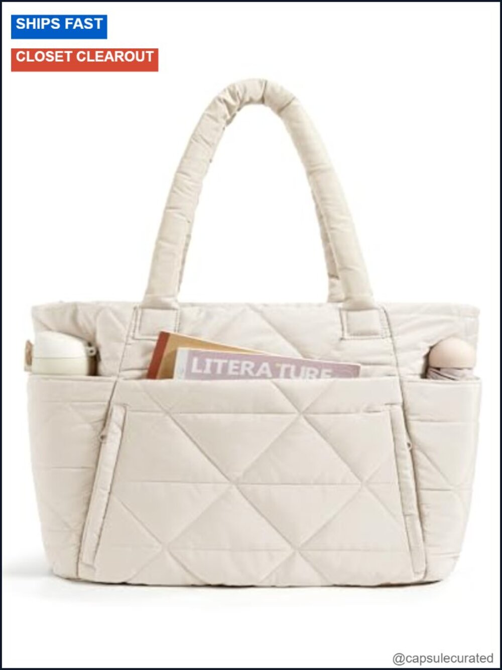 Large Quilted Puffer Tote Bag with Zipper, Laptop Compartment for Travel Work
